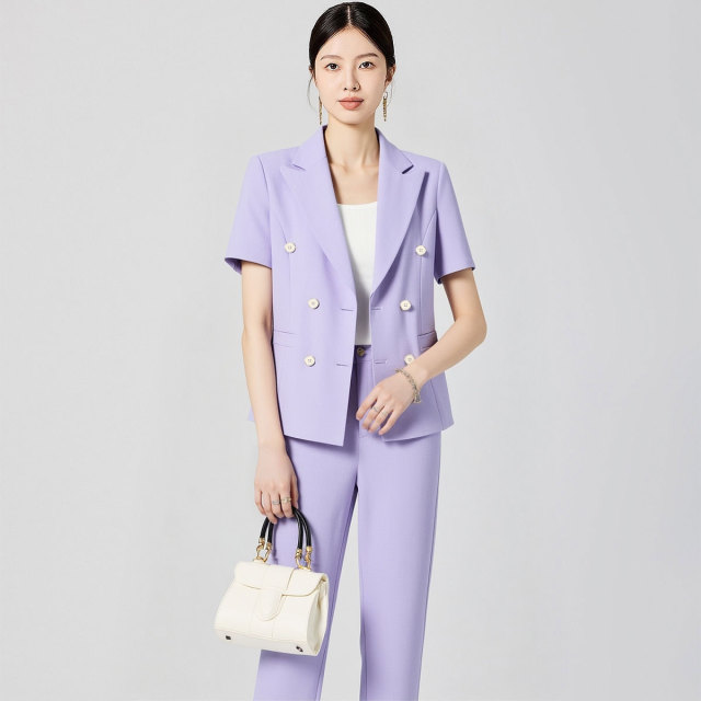 13366489.【西服+西裤】罗蒙夏季女士套装松紧腰商务气质百搭短袖西装两件套女