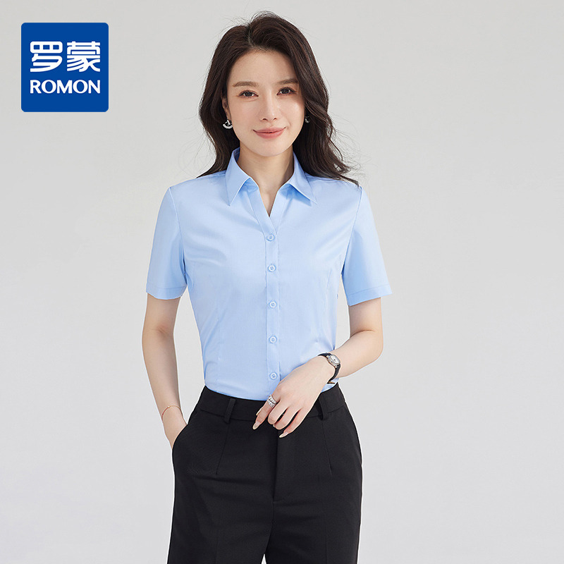 13366347.罗蒙女士短袖V领衬衫简约微弹百搭时尚日常商务通勤女衬衣