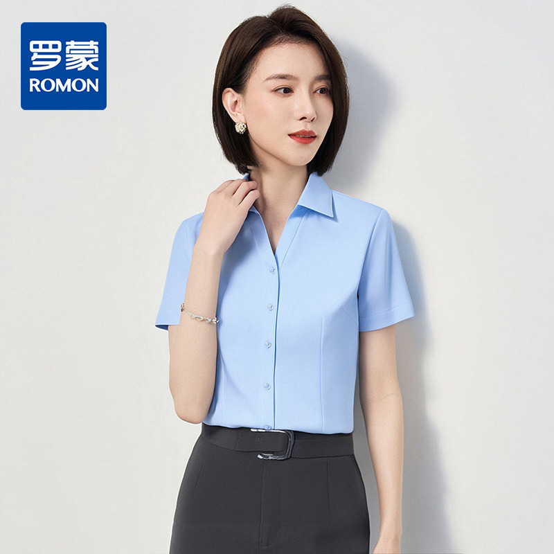 13365182.罗蒙女士短袖衬衫简约V领大众百搭商务日常衬衣舒适微弹开衫女
