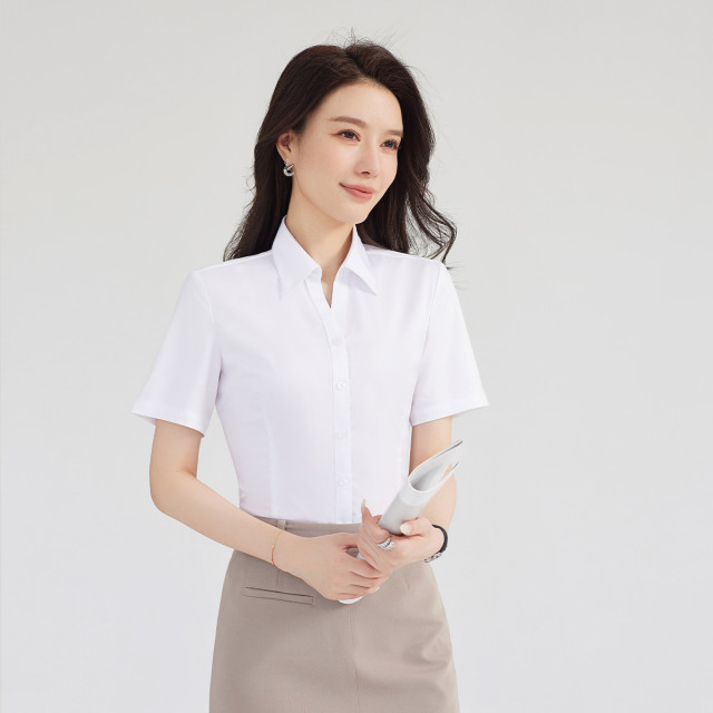 13366347.罗蒙女士短袖V领衬衫简约微弹百搭时尚日常商务通勤女衬衣