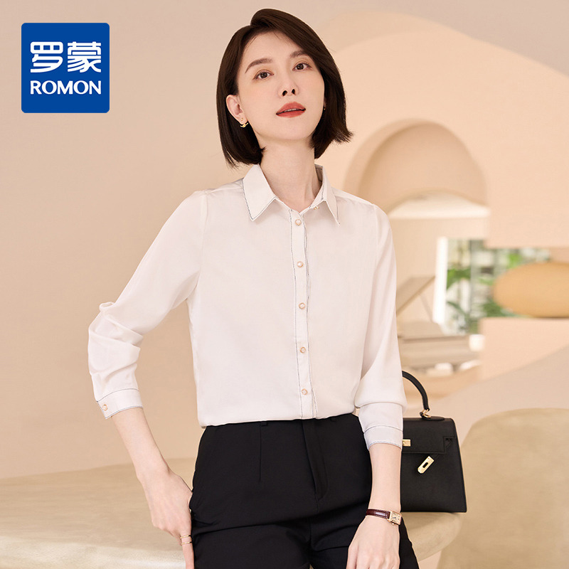 13367353.罗蒙女士长袖衬衫春夏翻领商务通勤经典百搭缎面气质衬衣女