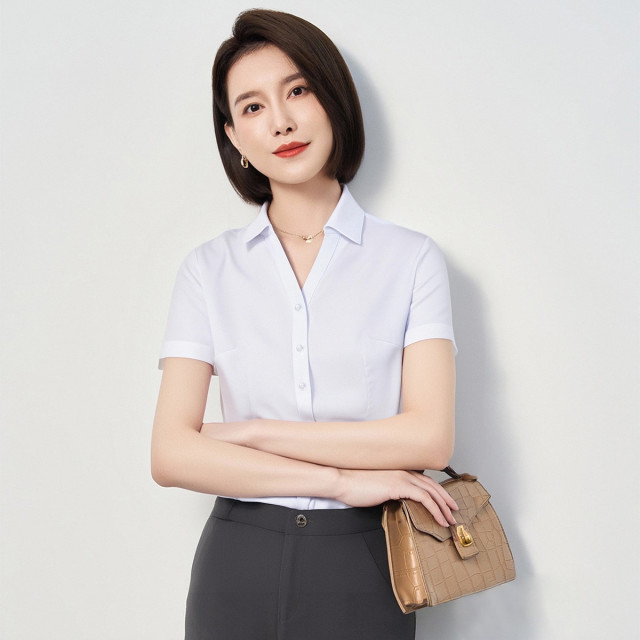 13365182.罗蒙女士短袖衬衫简约V领大众百搭商务日常衬衣舒适微弹开衫女
