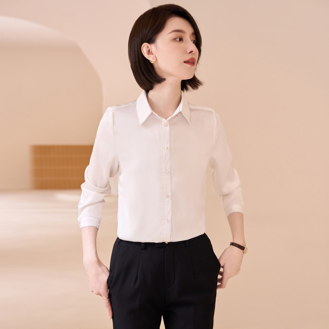 13367353.罗蒙女士长袖衬衫春夏翻领商务通勤经典百搭缎面气质衬衣女
