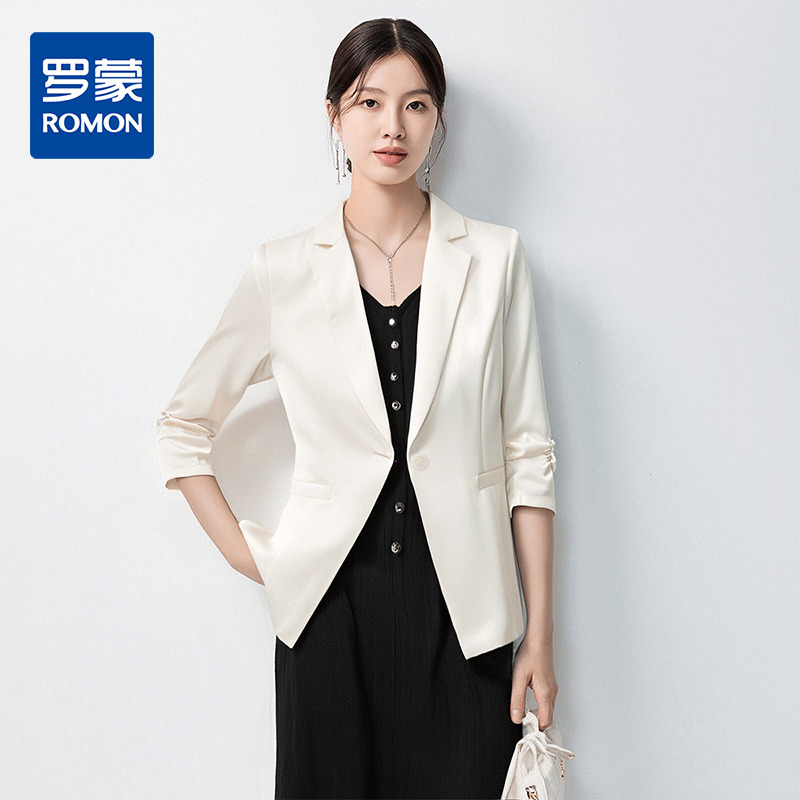 13368946.罗蒙女士春夏缎面西服七分袖易打理舒适简约气质百搭西服外套女