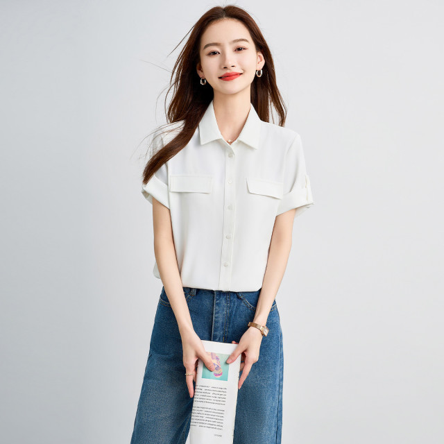 13377086.罗蒙女士夏季短袖衬衫简约纯色大方舒适日常商务通勤衬衣女