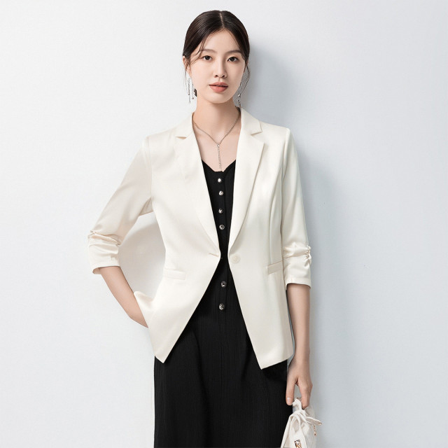 13368946.罗蒙女士春夏缎面西服七分袖易打理舒适简约气质百搭西服外套女