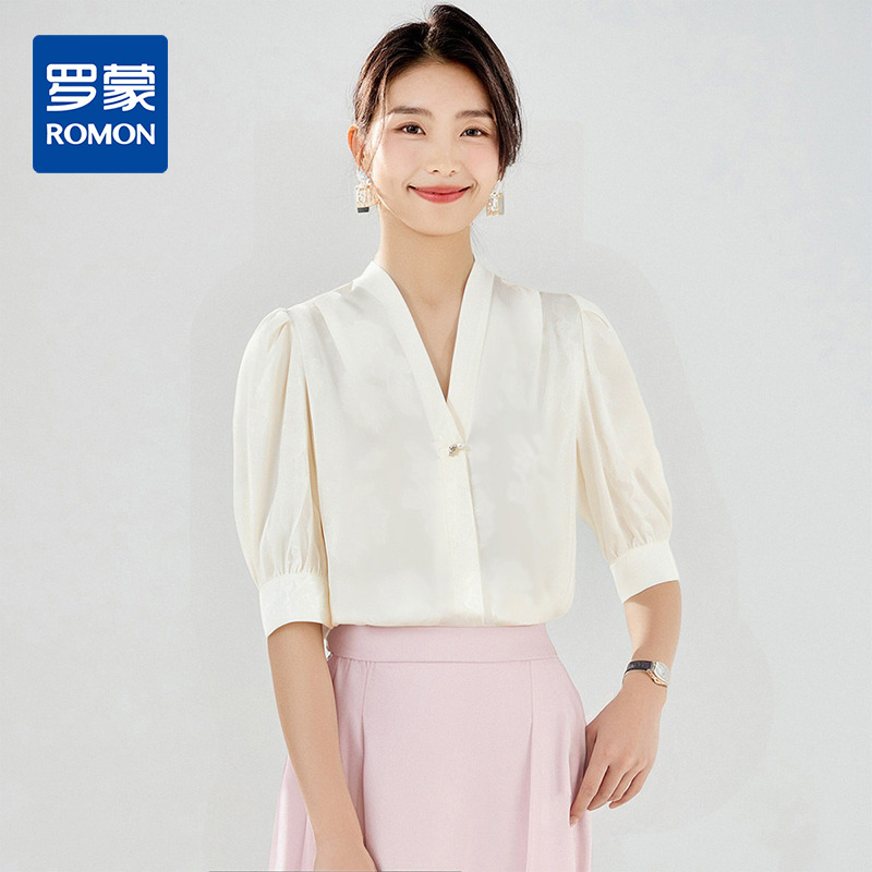 13368984.罗蒙女士夏季短袖衬衫气质日常简约大方衬衣女温柔商务通勤上衣