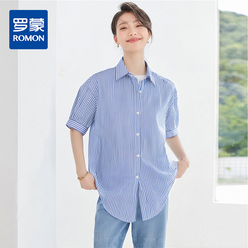 13370646.【100棉】罗蒙女士夏季短袖衬衫简约条纹时尚通勤百搭翻领女衬衣