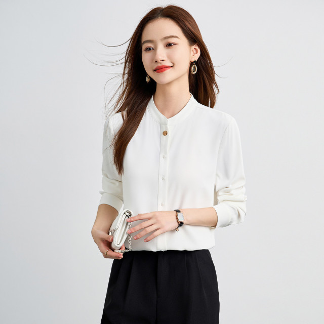 13377146.罗蒙春夏女士长袖衬衫简约圆领舒适通勤百搭日常面试工作气质