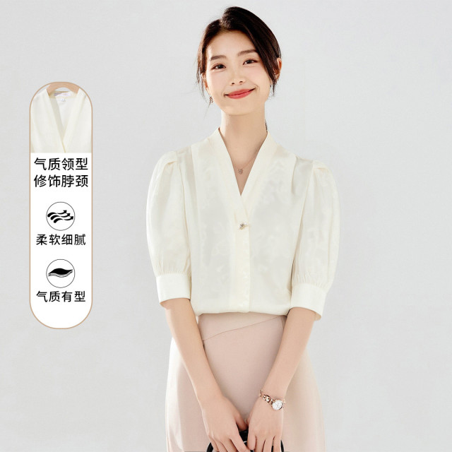 13368984.罗蒙女士夏季短袖衬衫气质日常简约大方衬衣女温柔商务通勤上衣