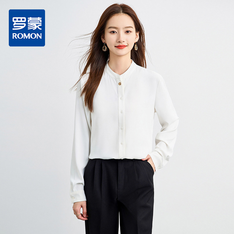 13377146.罗蒙春夏女士长袖衬衫简约圆领舒适通勤百搭日常面试工作气质