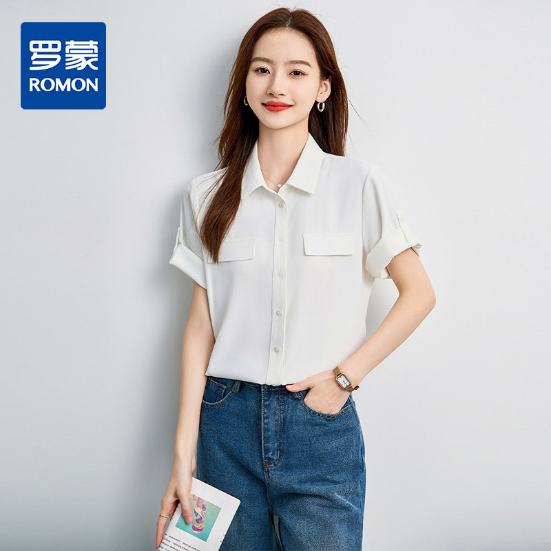 13377086.罗蒙女士夏季短袖衬衫简约纯色大方舒适日常商务通勤衬衣女