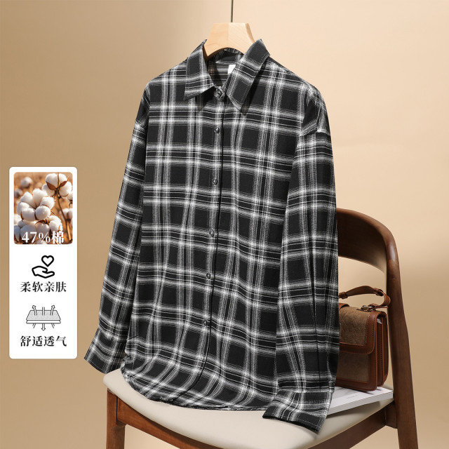 13379786.【磨毛47棉】罗蒙女士春秋格子长袖衬衫易打理舒适休闲百搭日常衬衣女