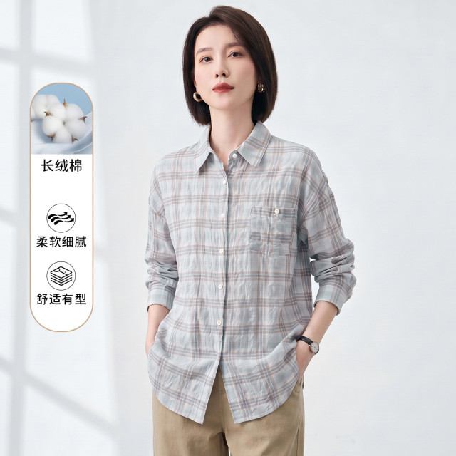 13504708.【天然皱感】罗蒙省心易打理女式衬衫日常休闲文艺复古格纹衬衣外套女