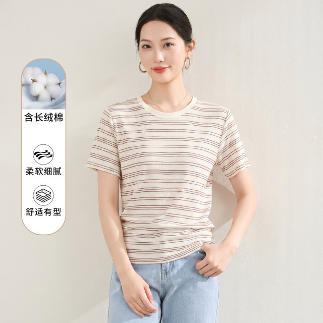 13504813.【经典细条纹】罗蒙春夏薄款女式T恤减龄百搭日常通勤圆领短袖t恤女