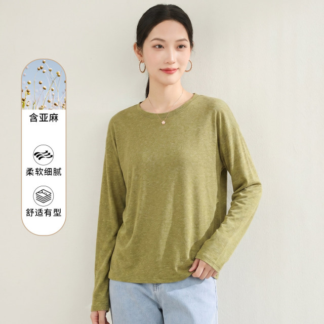 13504770.【含亚麻】罗蒙春秋薄款女式t恤透气亲肤多色可选时尚内搭圆领T恤
