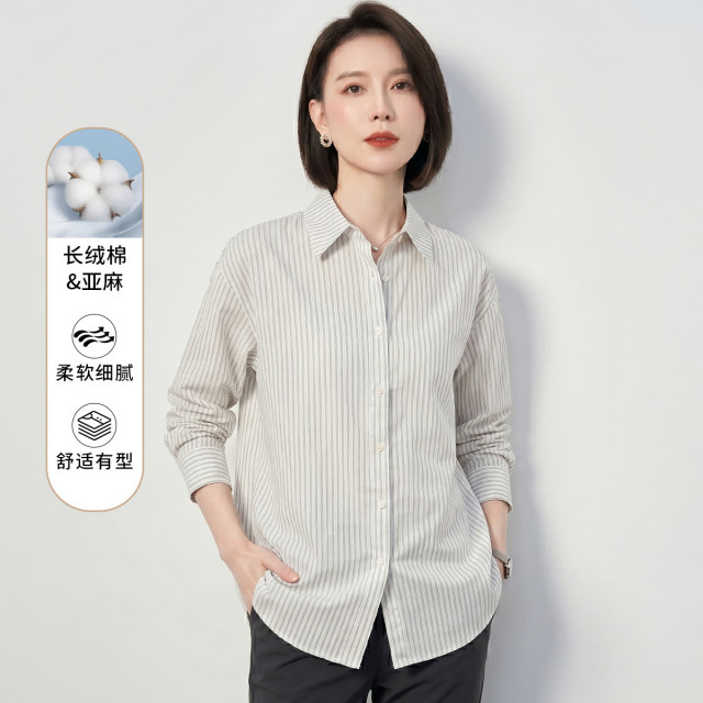 13504636.【天然棉麻】罗蒙女式长袖衬衫透气舒适宽松落肩休闲百搭条纹衬衣女