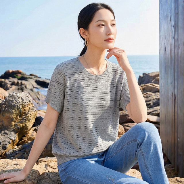 13649326.【凉爽透气】罗蒙夏季莱赛尔混纺镂空短袖薄款通勤百搭宽松圆领上衣