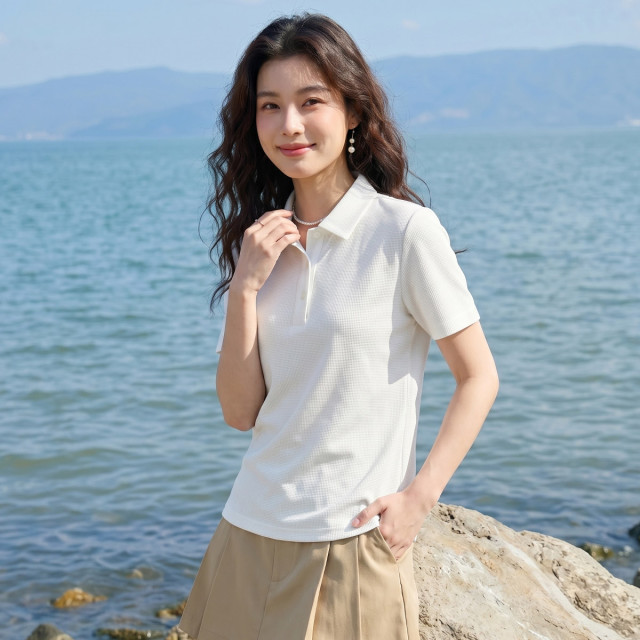13676360.【吸湿速干】罗蒙夏季凉爽透气女式POLO衫华夫格翻领都市短袖T恤