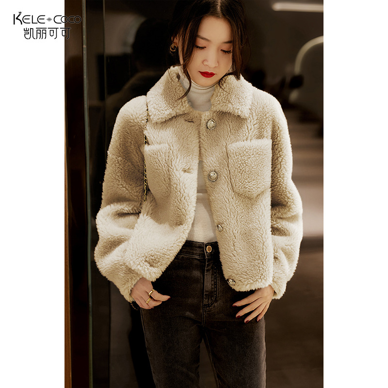 13732555.kele coco【新品艏发】100%羊毛翻领简约基础羊剪绒皮草