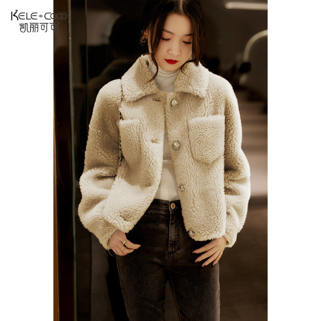 13732555.kele coco【新品艏发】100%羊毛翻领简约基础羊剪绒皮草