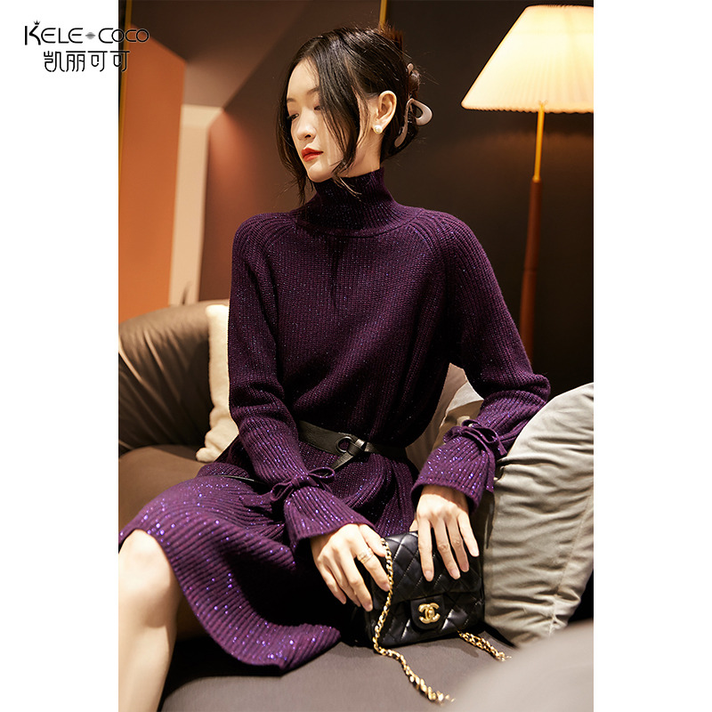 13732727.kele coco【新品艏发】【赠同款腰带】法式优雅星光闪烁慵懒感羊毛连衣裙