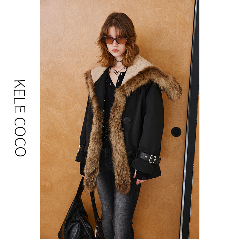 13732591.kele coco【礼盒发货】连帽皮毛一体貉子毛门襟90白鹅绒三防户外皮草派克服