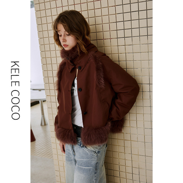 13732589.kele coco【礼盒发货】围脖式圆领90白鹅绒狐狸毛下摆三防户外羽绒皮草派克服