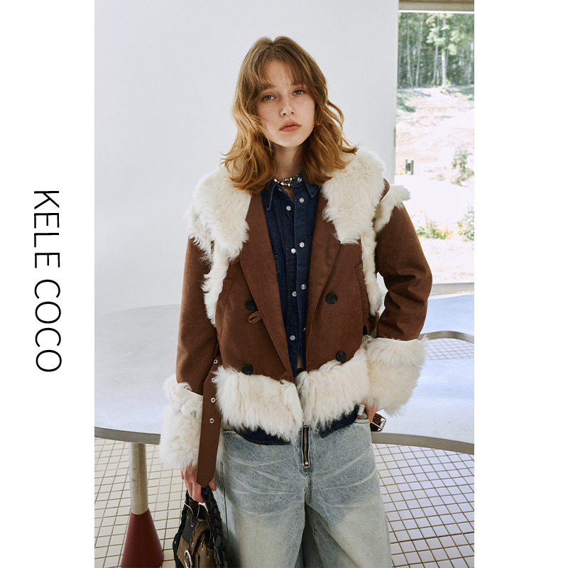 13732580.kele coco【礼盒发货】托斯卡纳皮毛一体翻领90白鹅绒羊皮绒麂皮皮草外套