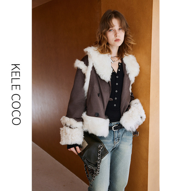 13732580.kele coco【礼盒发货】托斯卡纳皮毛一体翻领90白鹅绒羊皮绒麂皮皮草外套