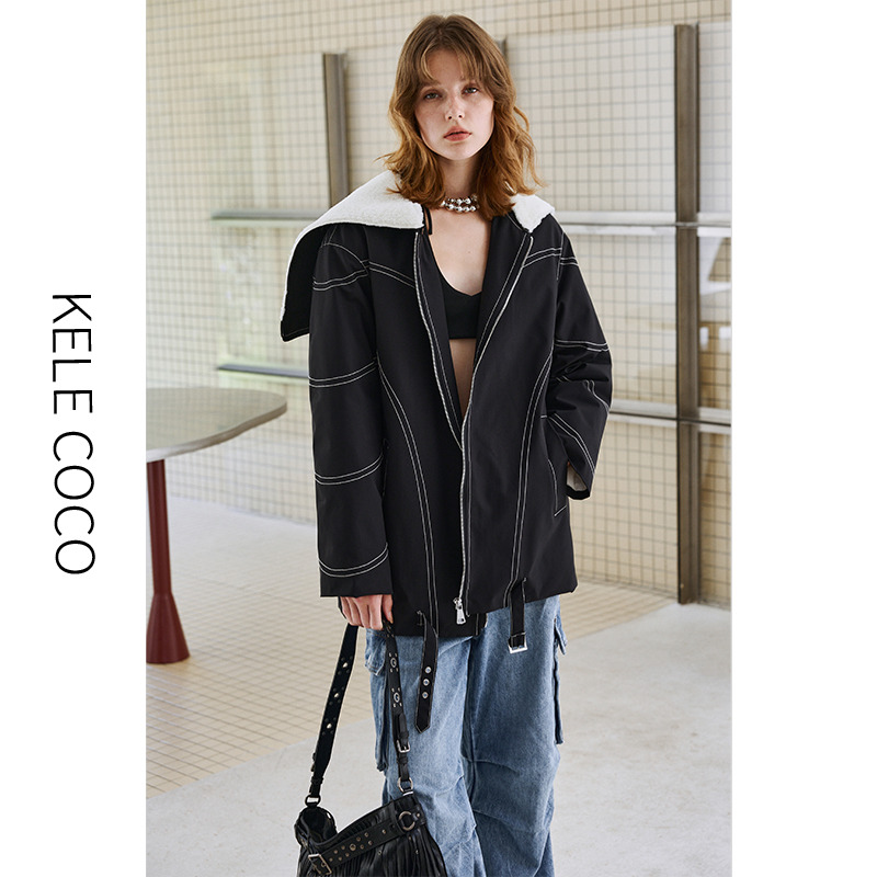 13732578.kele coco【礼盒发货】休闲连帽90白鹅绒绗线三防户外羽绒皮草派克服