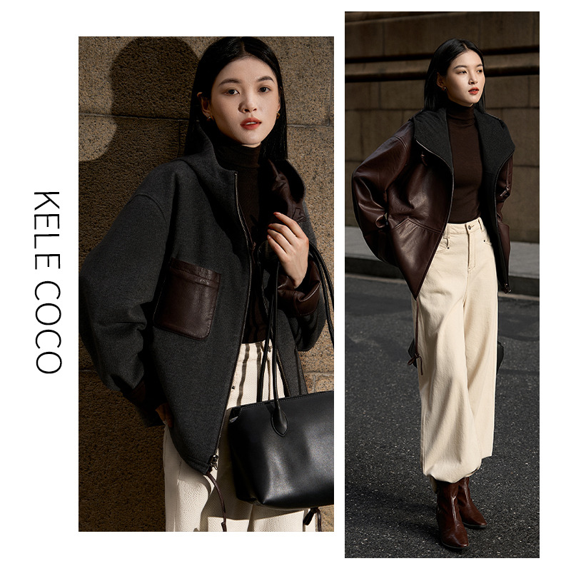 13732566.kele coco双面双穿休闲连帽绵羊皮真皮皮衣