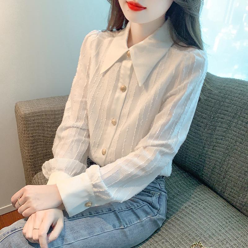 13168529.丹芙娅2025春季新款简约百搭长袖尖领白色雪纺衬衫女
