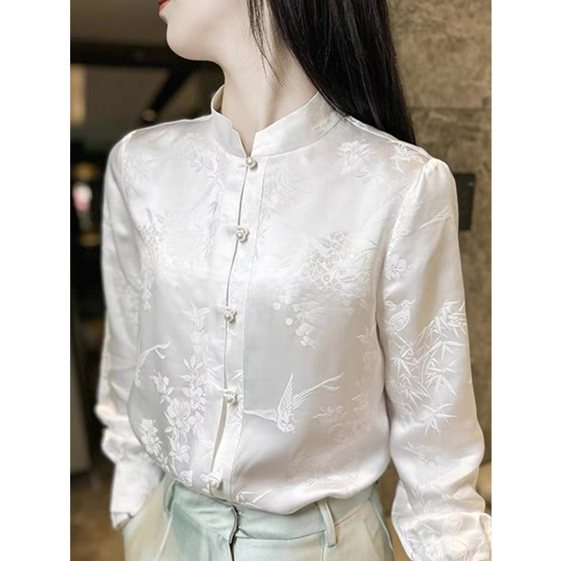 13168515.丹芙娅2025春季新款白色中式国风复古花鸟提花立领衬衫女