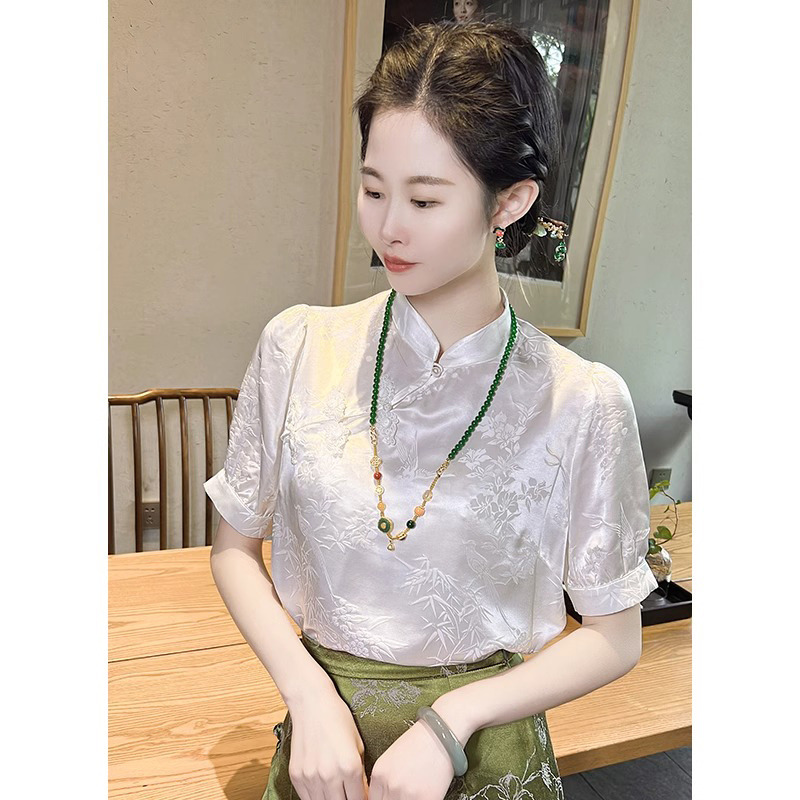 13168418.丹芙娅夏季新款白色新中式轻国风立领盘扣缎面提花短袖衬衫女