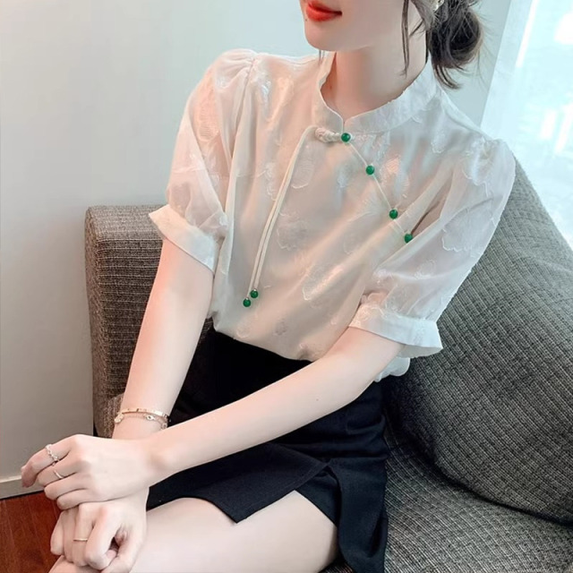 13168967.丹芙娅夏装新款设计感百搭显瘦雪纺复古中国风提花盘扣短袖衬衫女