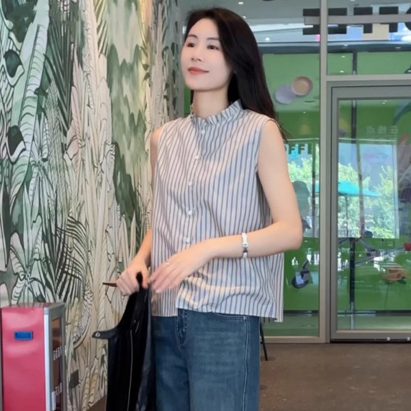 13169639.丹芙娅新款时尚百搭条纹气质荷叶领叠穿无袖衬衫女