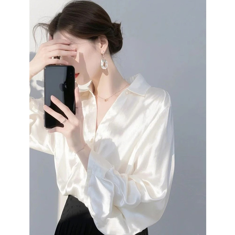 13169619.丹芙娅法式新款高端职业穿搭独特别致白色长袖缎面衬衫女
