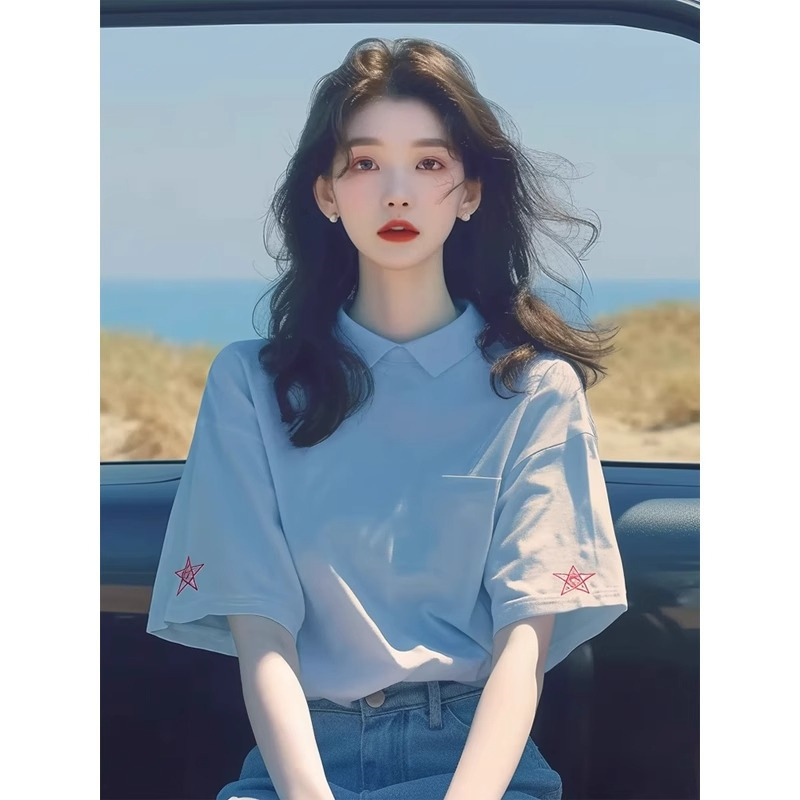 13169937.丹芙娅夏季新款别致洋气韩系甜美宽松减龄显瘦蓝色polo领短袖T恤女