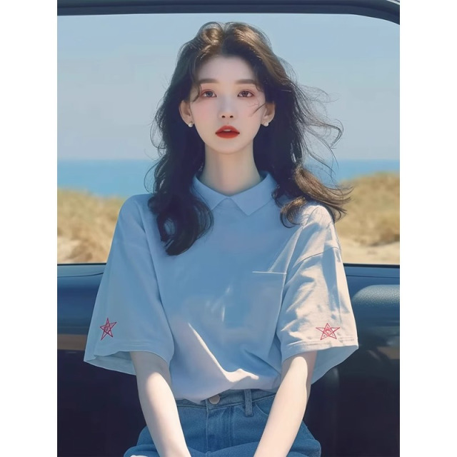 13169937.丹芙娅夏季新款别致洋气韩系甜美宽松减龄显瘦蓝色polo领短袖T恤女
