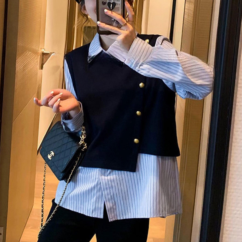 13170687.丹芙娅秋季新款宽松休闲设计感不规则假两件条纹长袖衬衫女