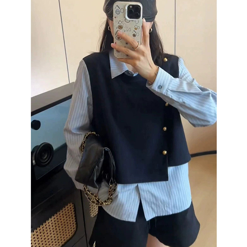 13170598.丹芙娅新款休闲宽松设计感不规则假两件条纹翻领长袖衬衫女