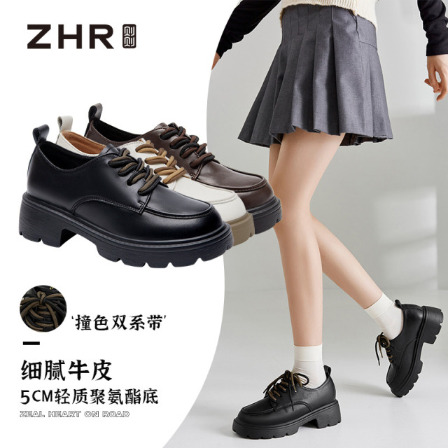12730832.【ZHR则则】英伦单鞋圆头系带中跟女鞋[牛剖层移膜革]