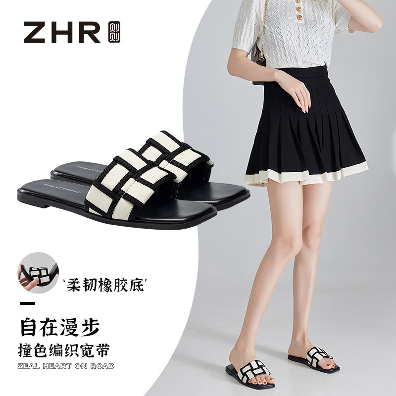 12732987.【ZHR则则】拖鞋露趾套脚平底女鞋[超纤+织带]