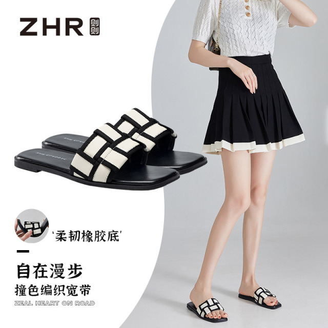 12732987.【ZHR则则】拖鞋露趾套脚平底女鞋[超纤+织带]