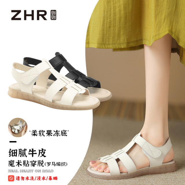 12732490.【ZHR则则】凉鞋露趾魔术贴平底女鞋[牛剖层移膜革]