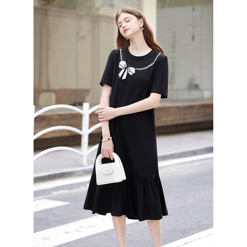 10744285.她池Tachi短袖连衣裙2024夏装新款女装撞色蝴蝶结圆领拼接宽松T恤裙T42B1503L