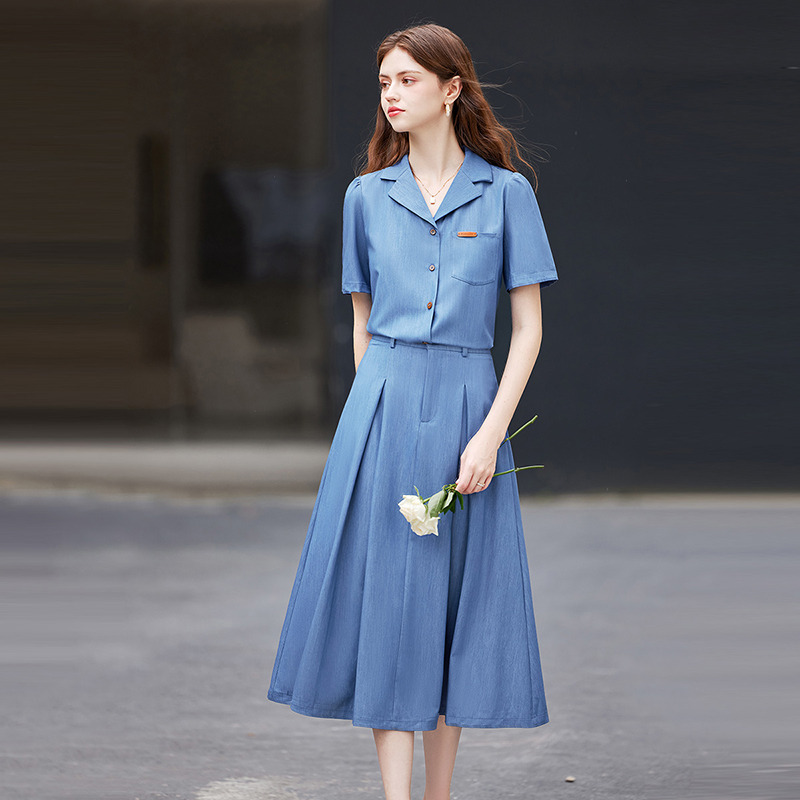 10658616.她池Tachi通勤套装2024夏装新款女装时尚翻领衬衫搭高腰半身裙两件套T42B1567N