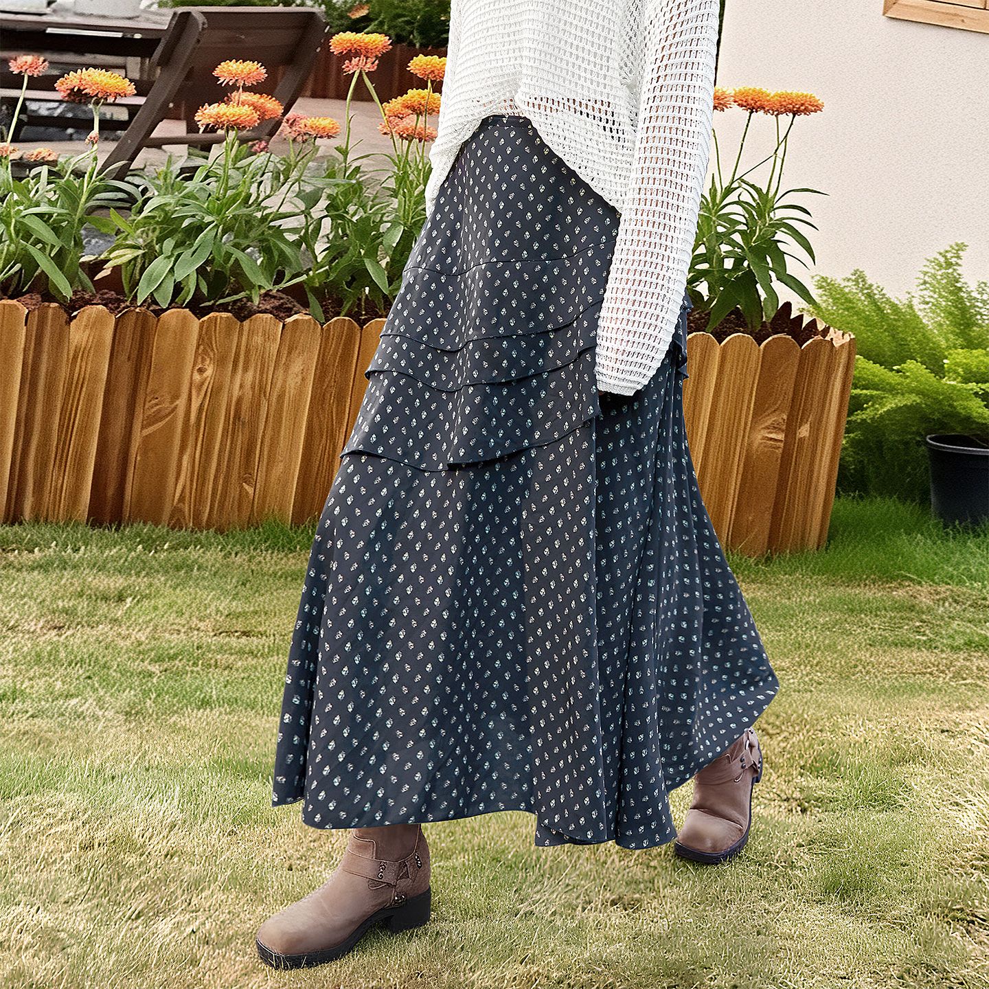 13104601.她池Tachi松紧腰半身裙2026春装新款女装设计感拼接印花中长款A字裙T61Z0272B