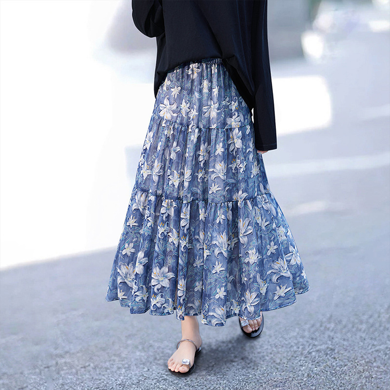 13472581.她池Tachi松紧腰半身裙2026夏装新款女装垂感飘逸A字印花拼接中长裙T52X2429B